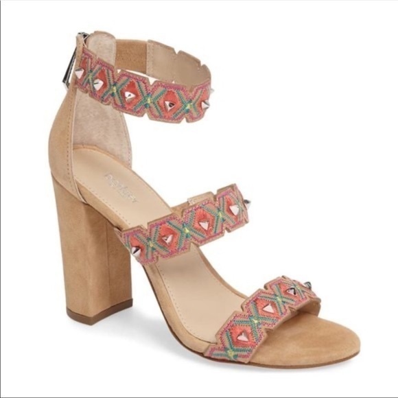Botkier Shoes - BOTKIER GIGI BOHO PINK EMBROIDERED CHUNKY BLOCK ANKLE STRAP STUDDED HEELS 7